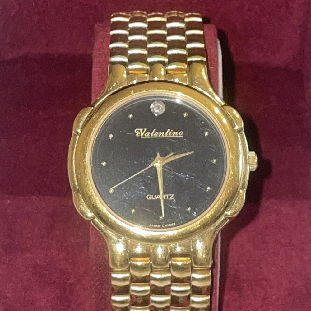 Beautiful Vintage Valentino Gold Toned Quartz Watch With Genuine Diamond -In Box